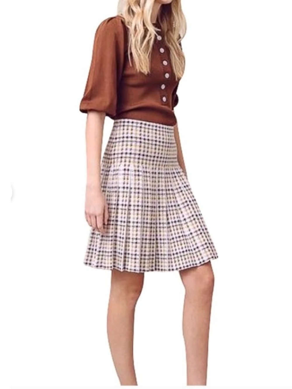 Apparalel Pleated Plaid Skater Skirt in Cream, Yellow & brown viscose nylon Sz M